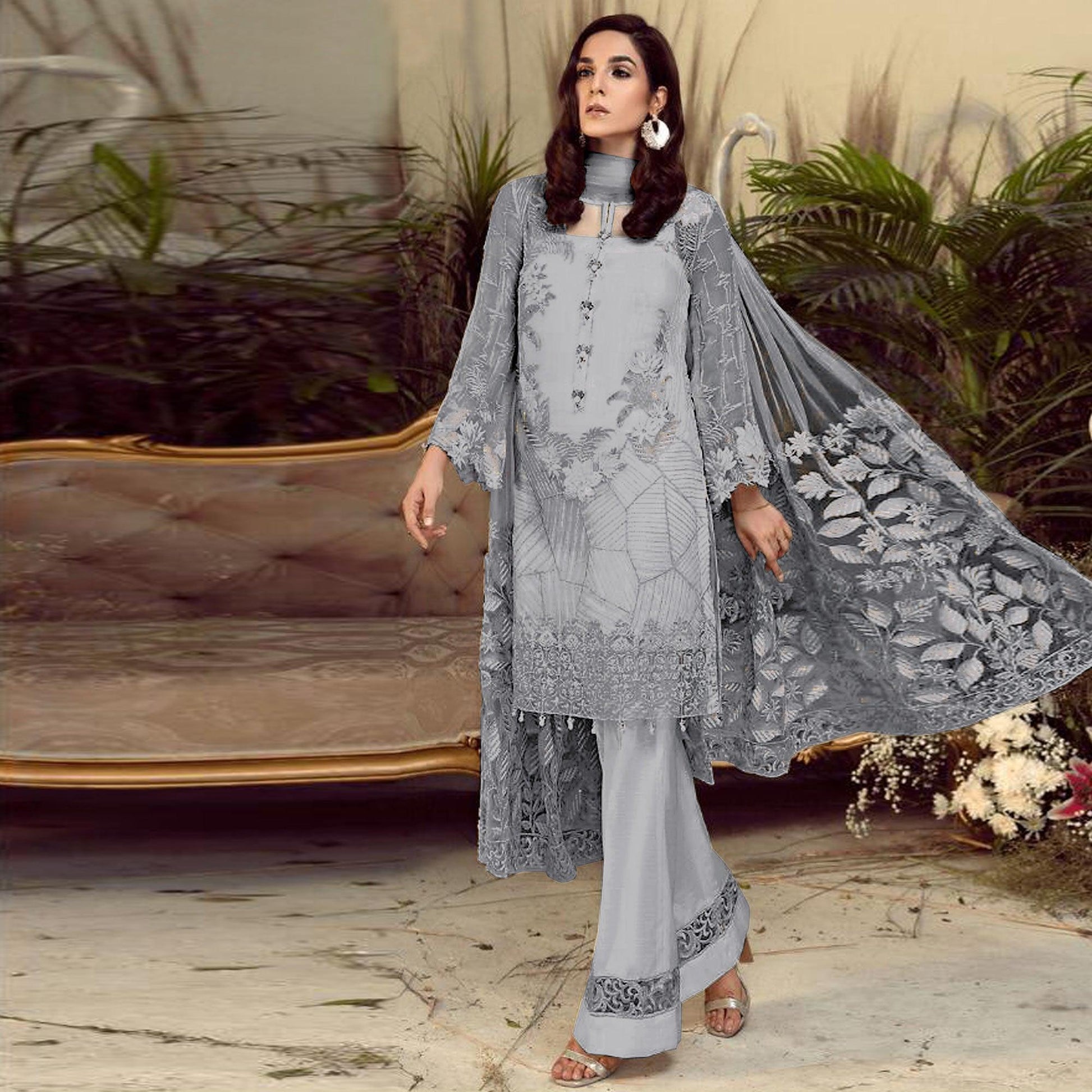 Jazzy Grey Colored Partywear Embroidered Faux Gerogette Straight Suit