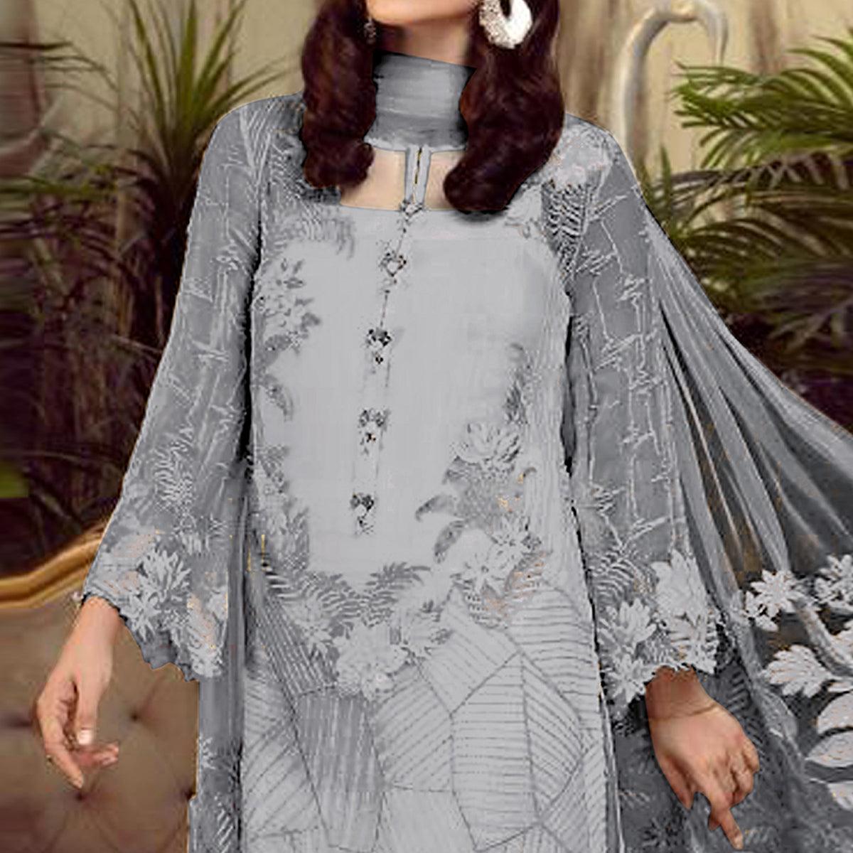 Jazzy Grey Colored Partywear Embroidered Faux Gerogette Straight Suit