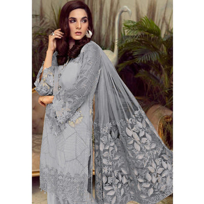 Jazzy Grey Colored Partywear Embroidered Faux Gerogette Straight Suit