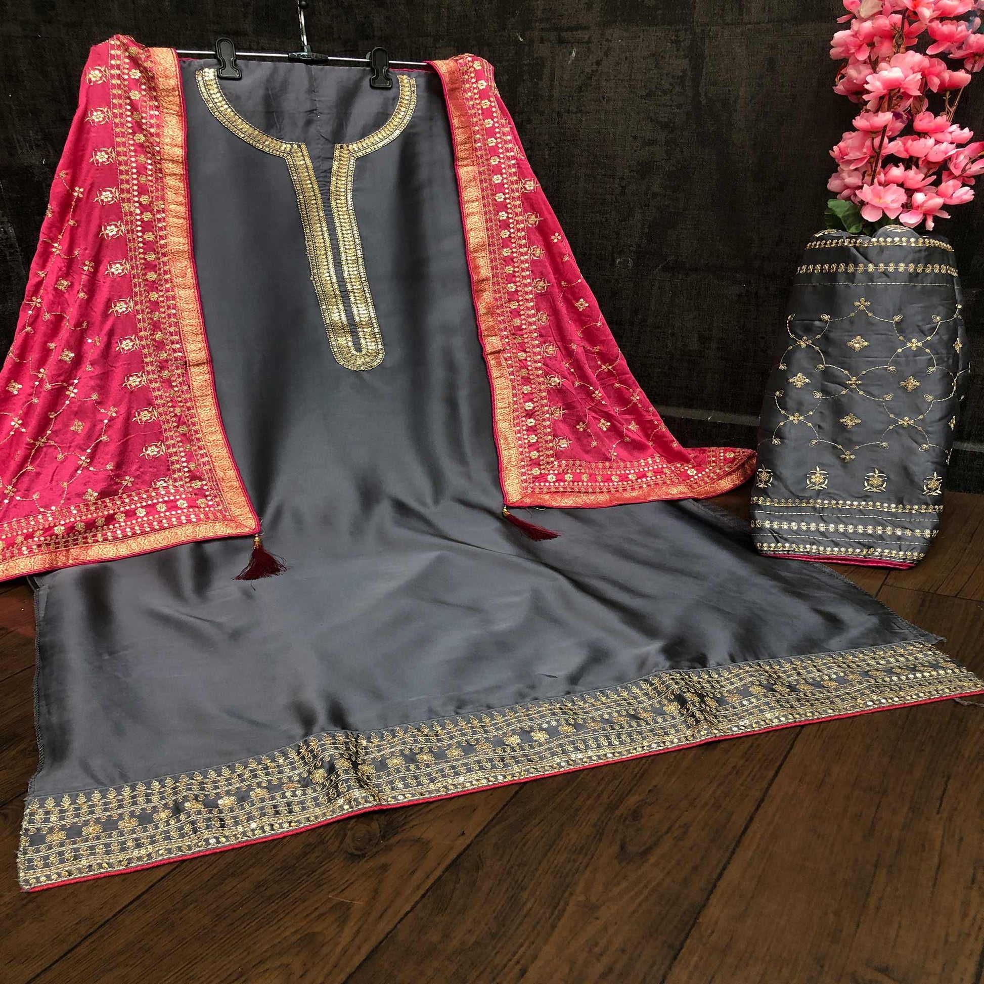 Jazzy Grey Colored Partywear Embroidered Satin Georgette Palazzo Suit