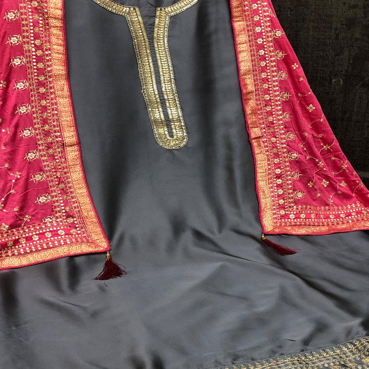 Jazzy Grey Colored Partywear Embroidered Satin Georgette Palazzo Suit