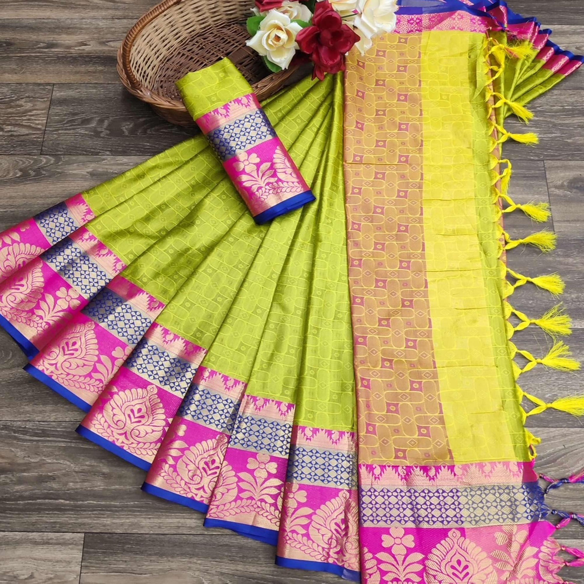 Jazzy Lemon Green Colored Festive Wear Woven Cotton Silk Saree