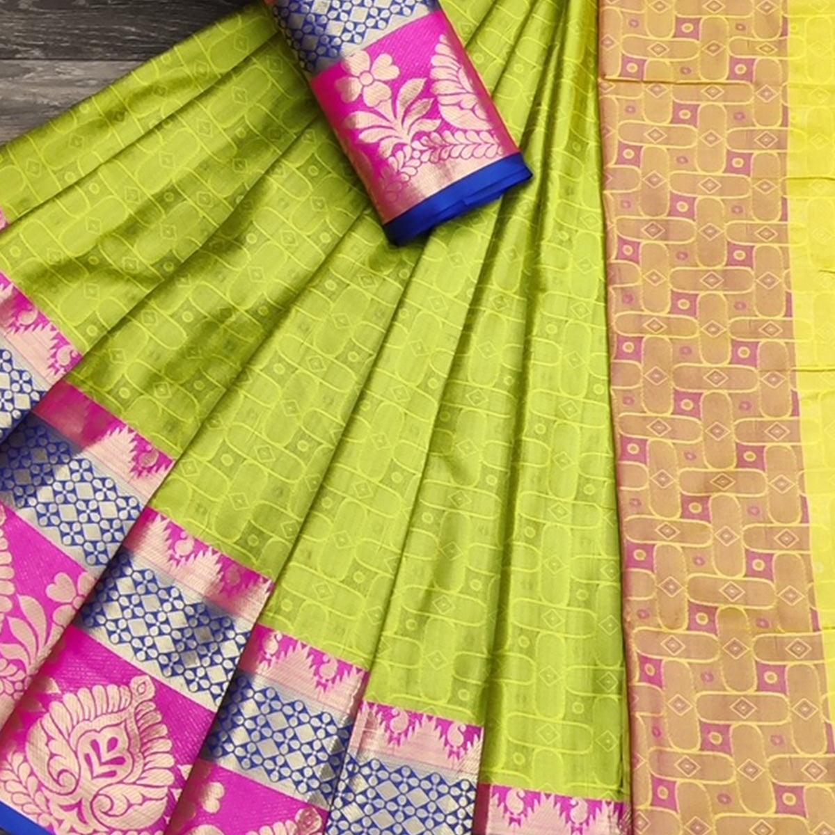 Jazzy Lemon Green Colored Festive Wear Woven Cotton Silk Saree