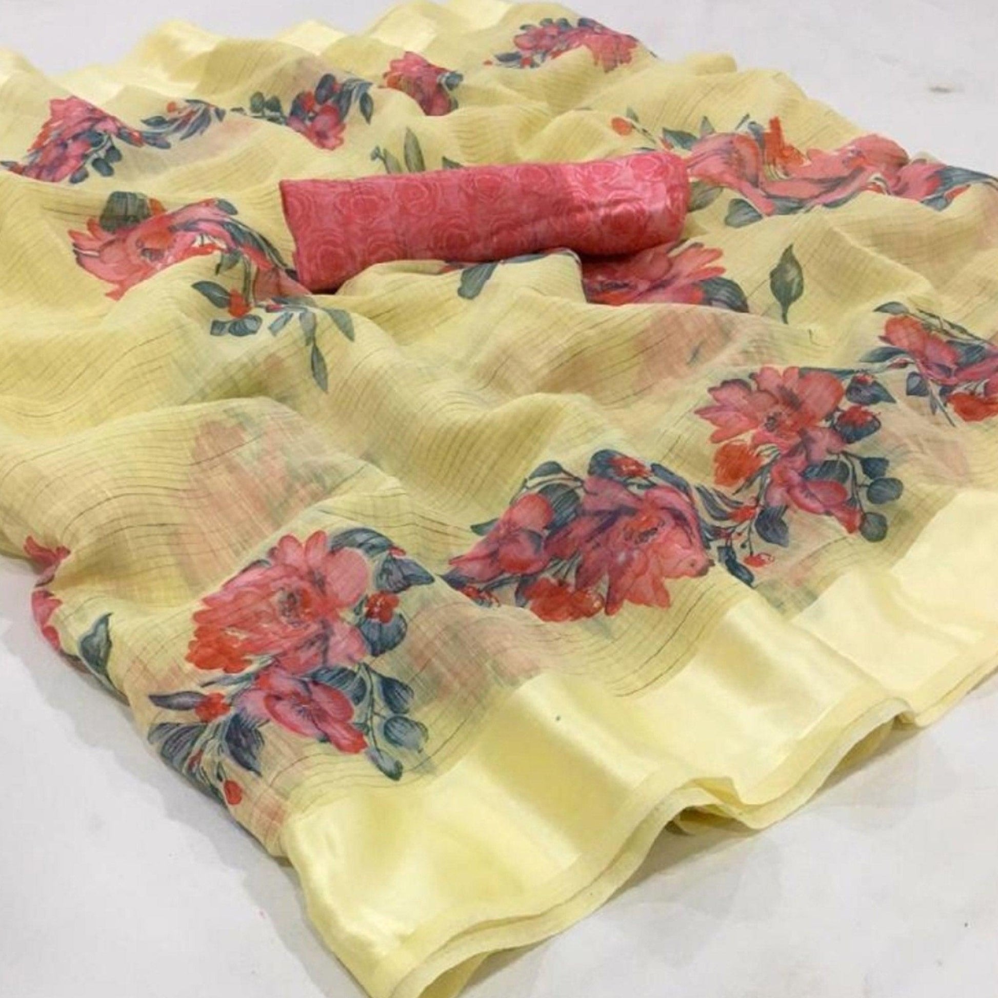 Jazzy Light Yellow Colored Casual Wear Floral Printed Linen Saree