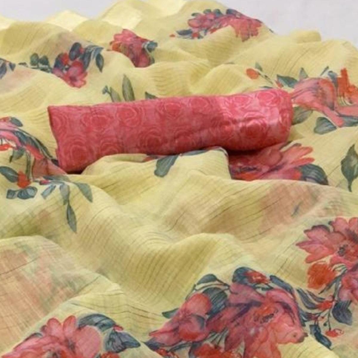 Jazzy Light Yellow Colored Casual Wear Floral Printed Linen Saree