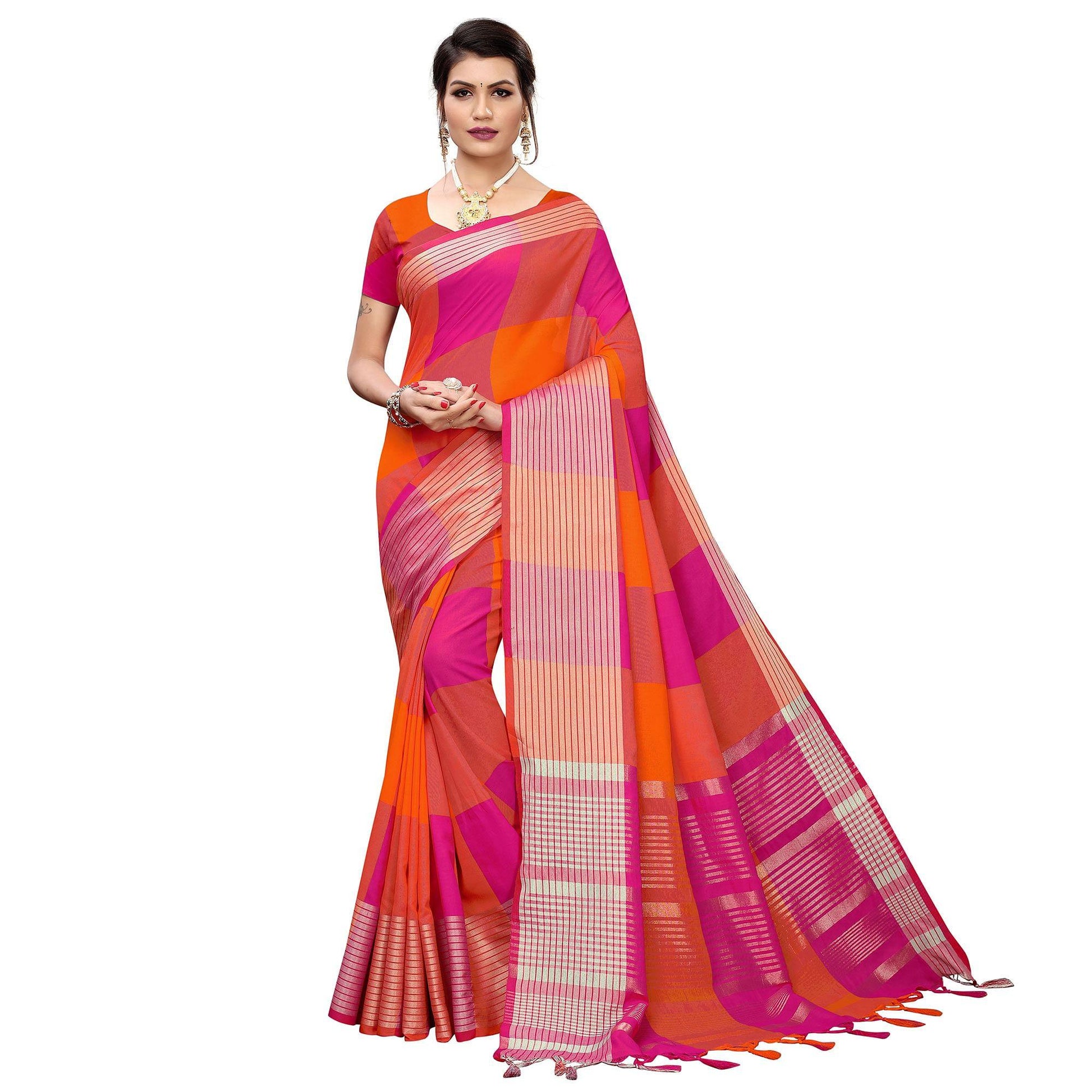 Jazzy Magenta Pink-Orange Colored Festive Wear Printed Cotton Silk Saree