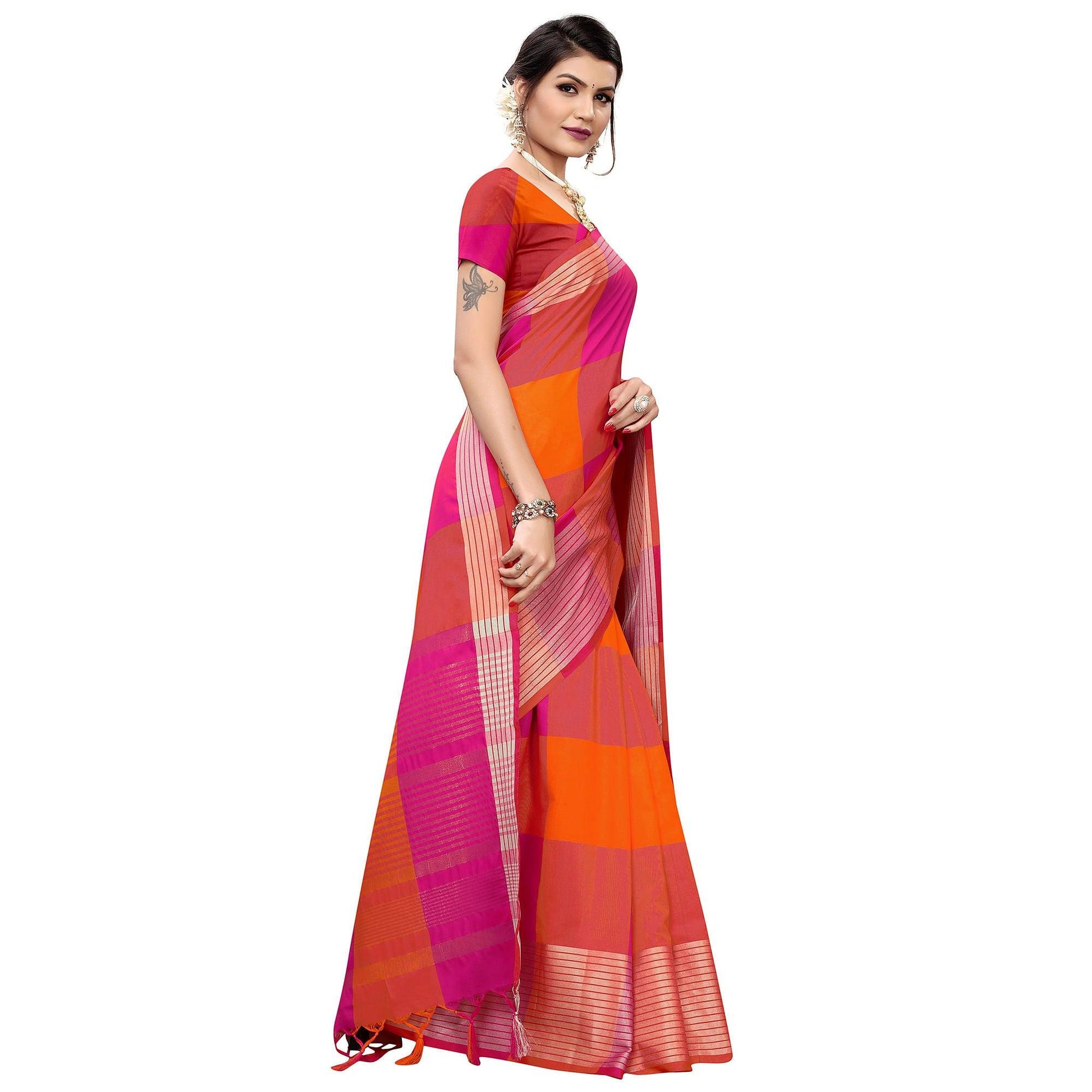 Jazzy Magenta Pink-Orange Colored Festive Wear Printed Cotton Silk Saree
