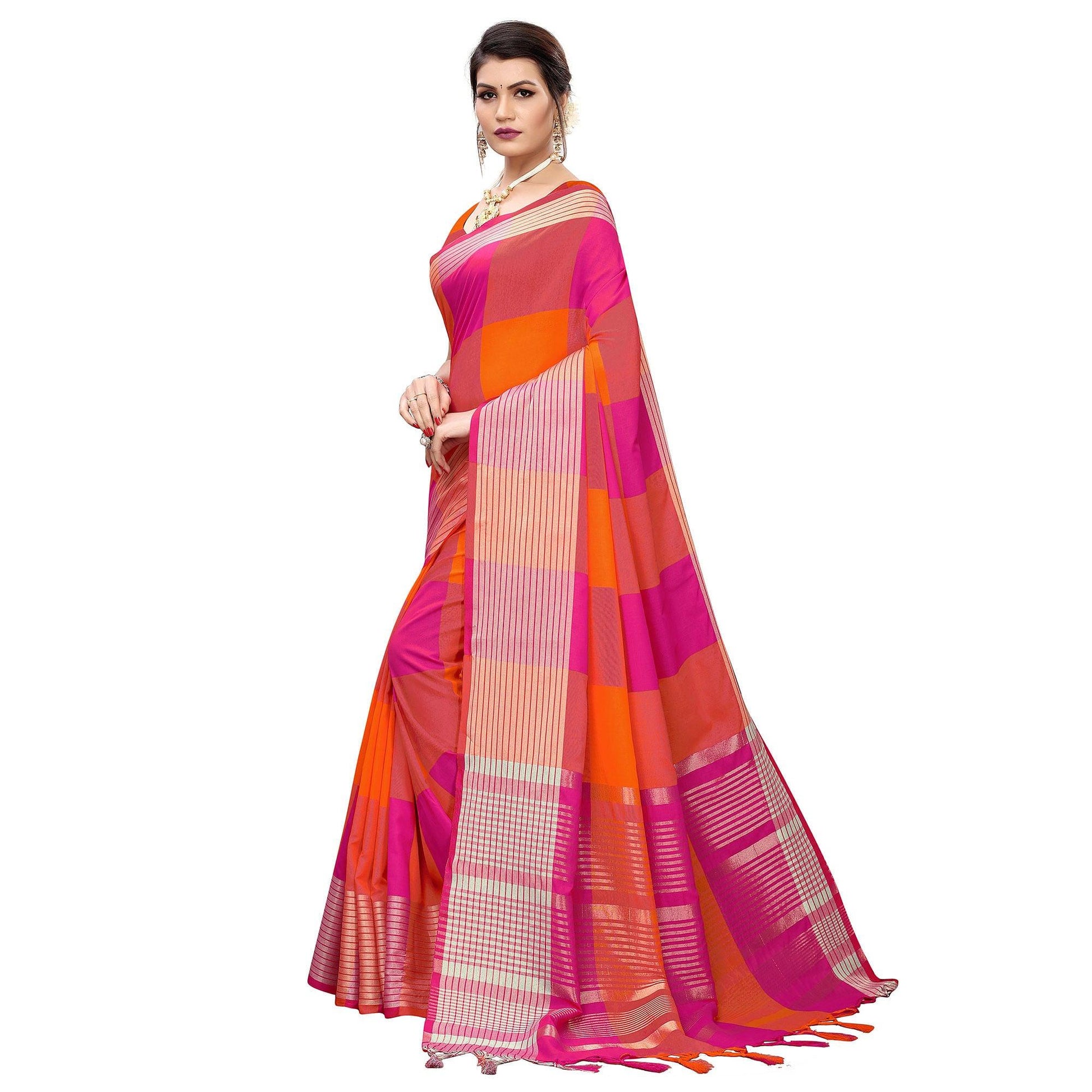 Jazzy Magenta Pink-Orange Colored Festive Wear Printed Cotton Silk Saree