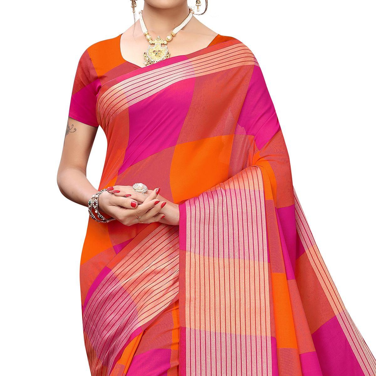 Jazzy Magenta Pink-Orange Colored Festive Wear Printed Cotton Silk Saree