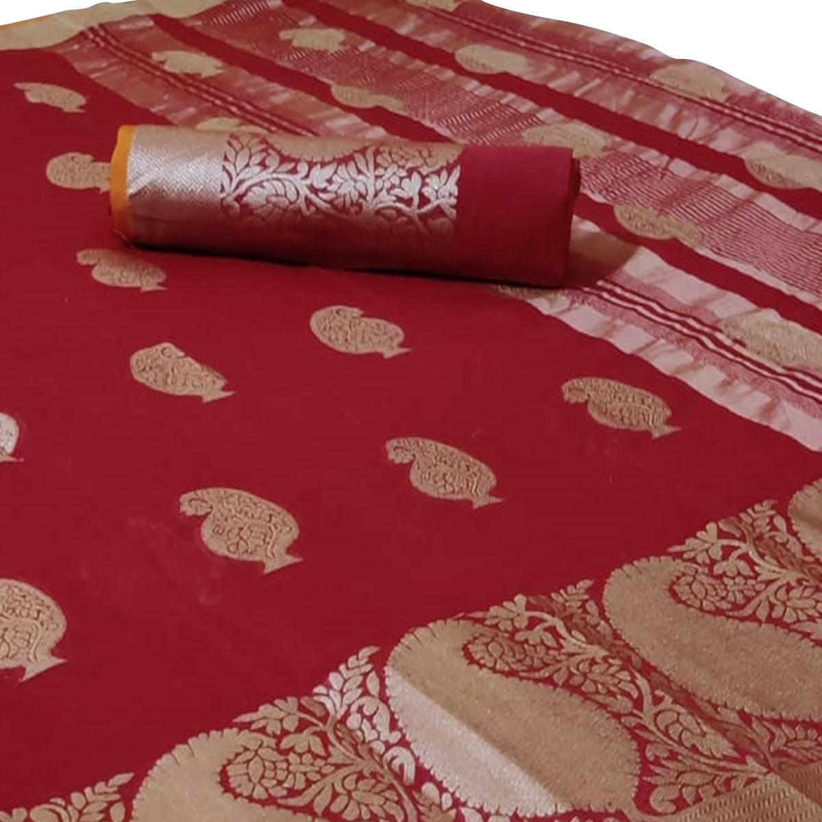 Jazzy Maroon Colored Festive Wear Woven Linen Saree
