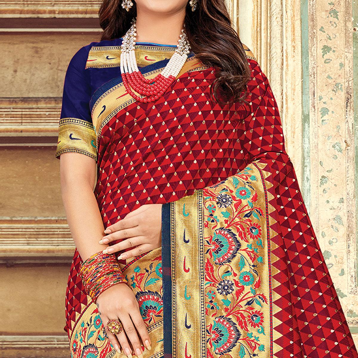 Jazzy Maroon Colored Festive Wear Woven Silk Saree