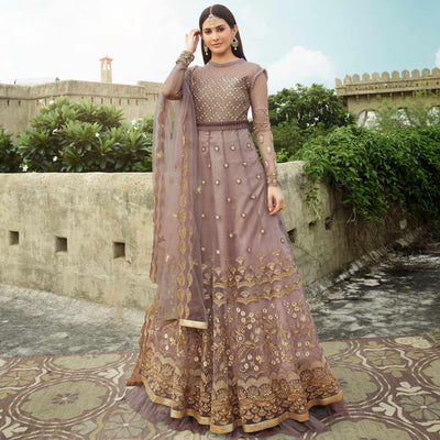 Jazzy Mauve Coloured Partywear Embroidered Net Anarkali Suit
