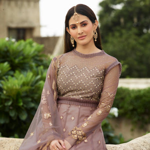 Jazzy Mauve Coloured Partywear Embroidered Net Anarkali Suit
