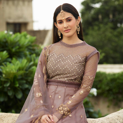 Jazzy Mauve Coloured Partywear Embroidered Net Anarkali Suit