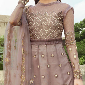 Jazzy Mauve Coloured Partywear Embroidered Net Anarkali Suit