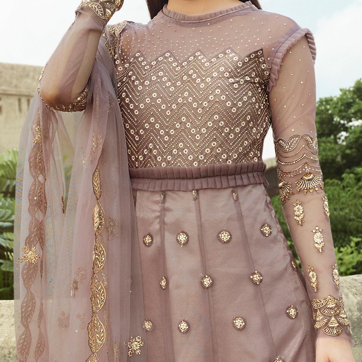 Jazzy Mauve Coloured Partywear Embroidered Net Anarkali Suit