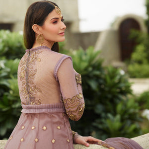 Jazzy Mauve Coloured Partywear Embroidered Net Anarkali Suit
