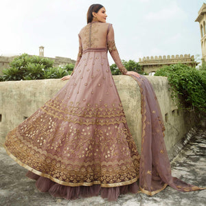 Jazzy Mauve Coloured Partywear Embroidered Net Anarkali Suit