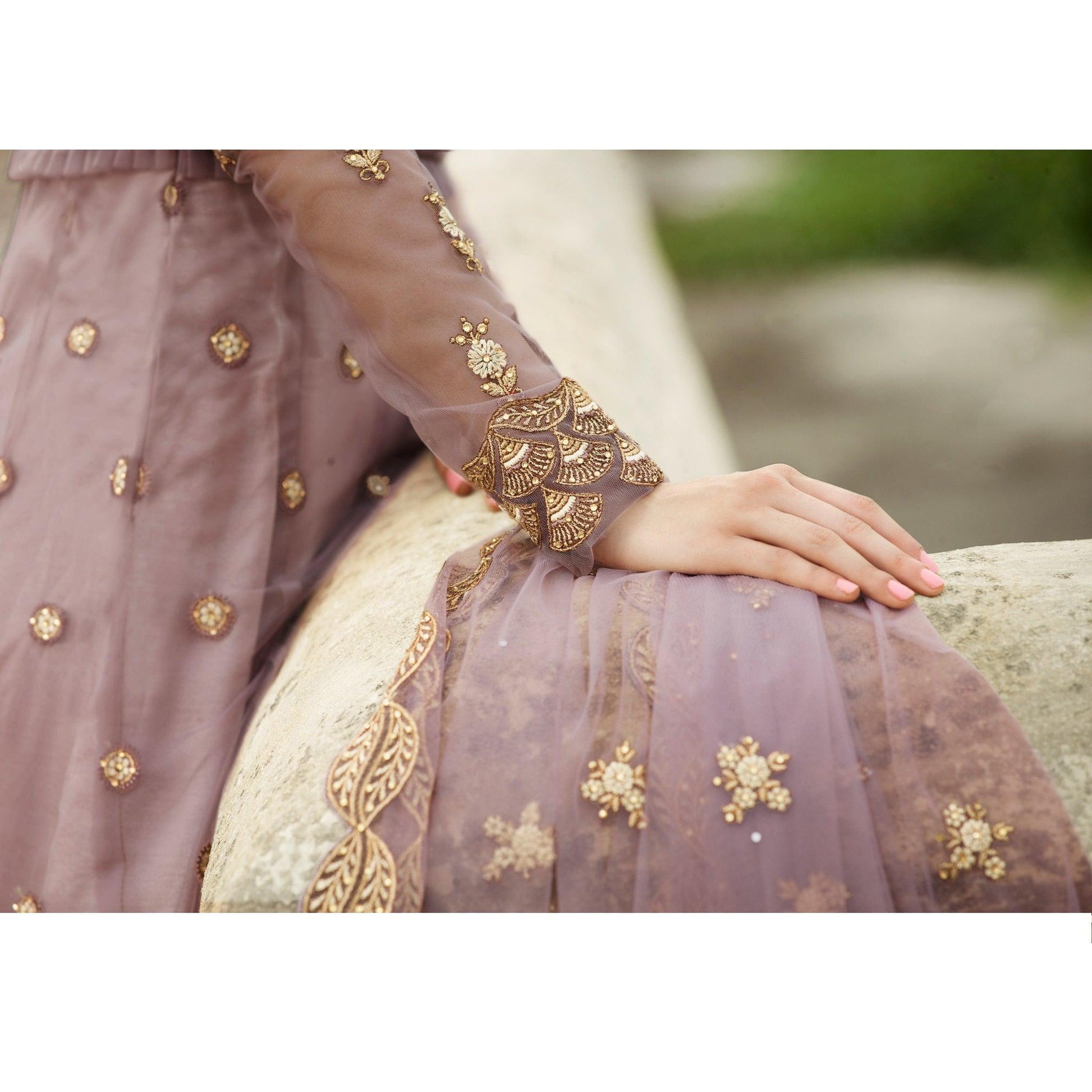 Jazzy Mauve Coloured Partywear Embroidered Net Anarkali Suit