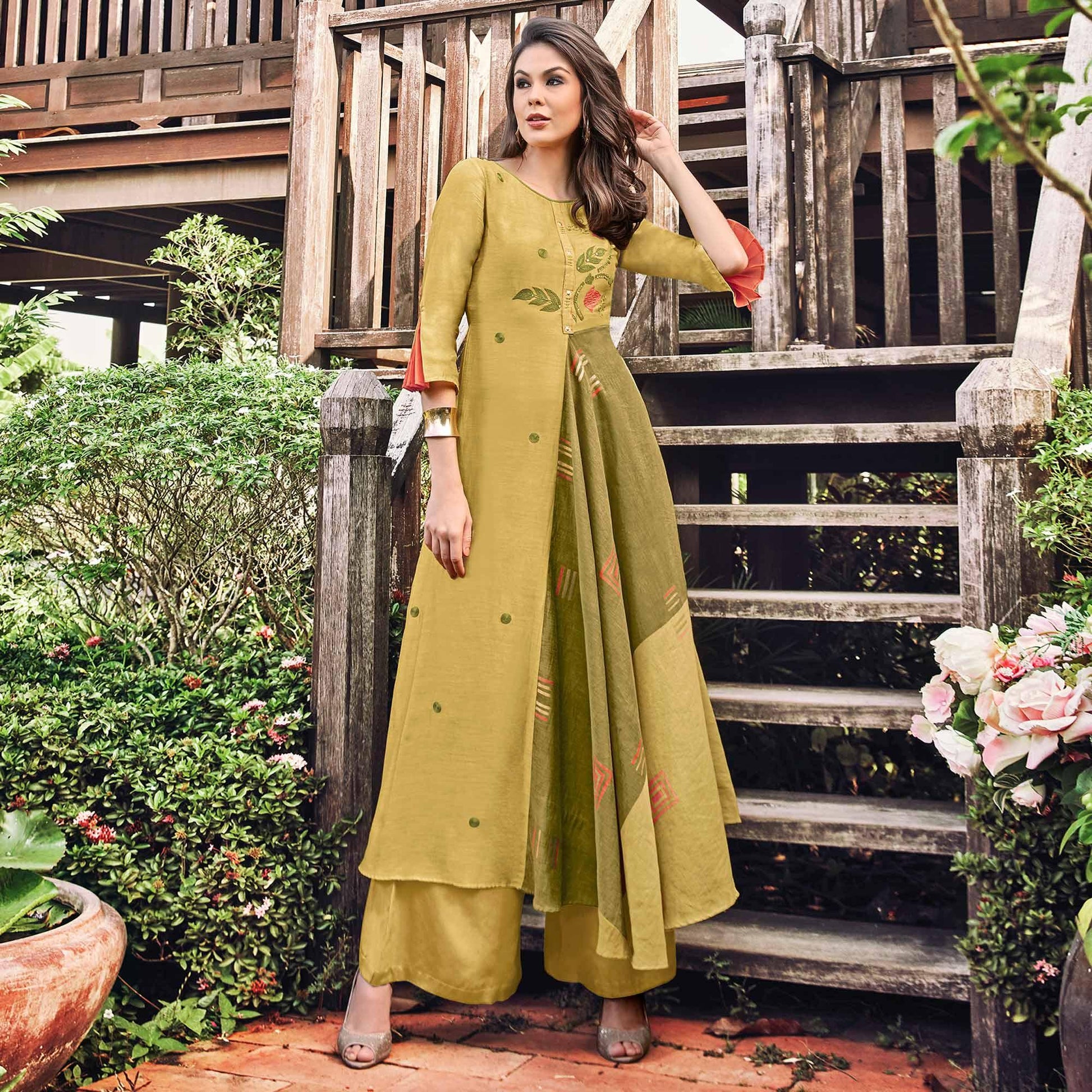 Jazzy Mehndi Green Colored Party Wear Printed Modal-Jacquard Long Kurti