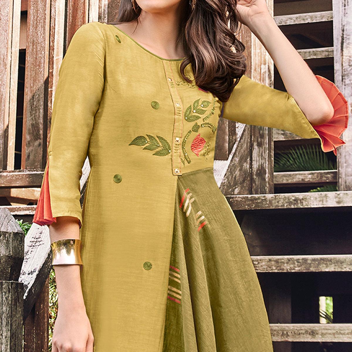 Jazzy Mehndi Green Colored Party Wear Printed Modal-Jacquard Long Kurti