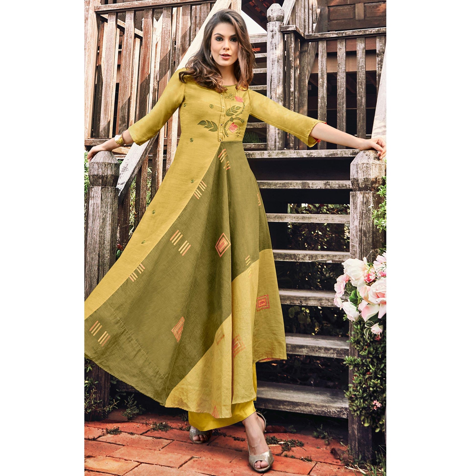 Jazzy Mehndi Green Colored Party Wear Printed Modal-Jacquard Long Kurti