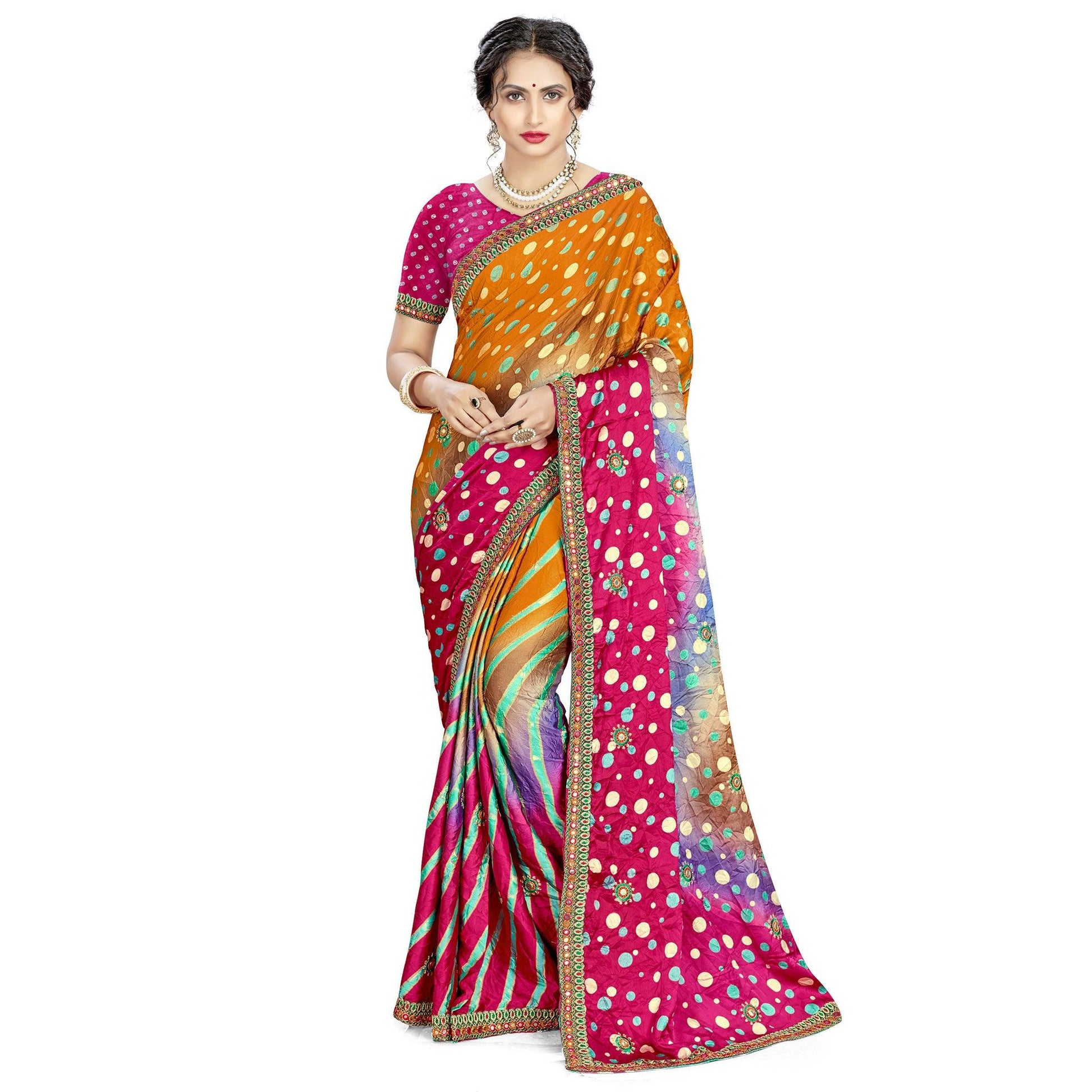 Jazzy Mustard - Pink Colored Casual Wear Printed Satin Saree