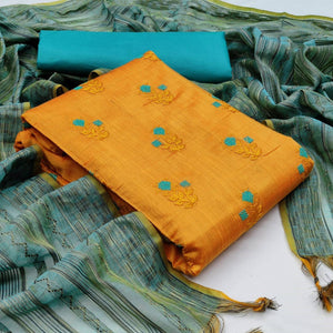 Jazzy Mustard Yellow Colored Casual Wear Embroidered Banarasi Cotton Dress Material