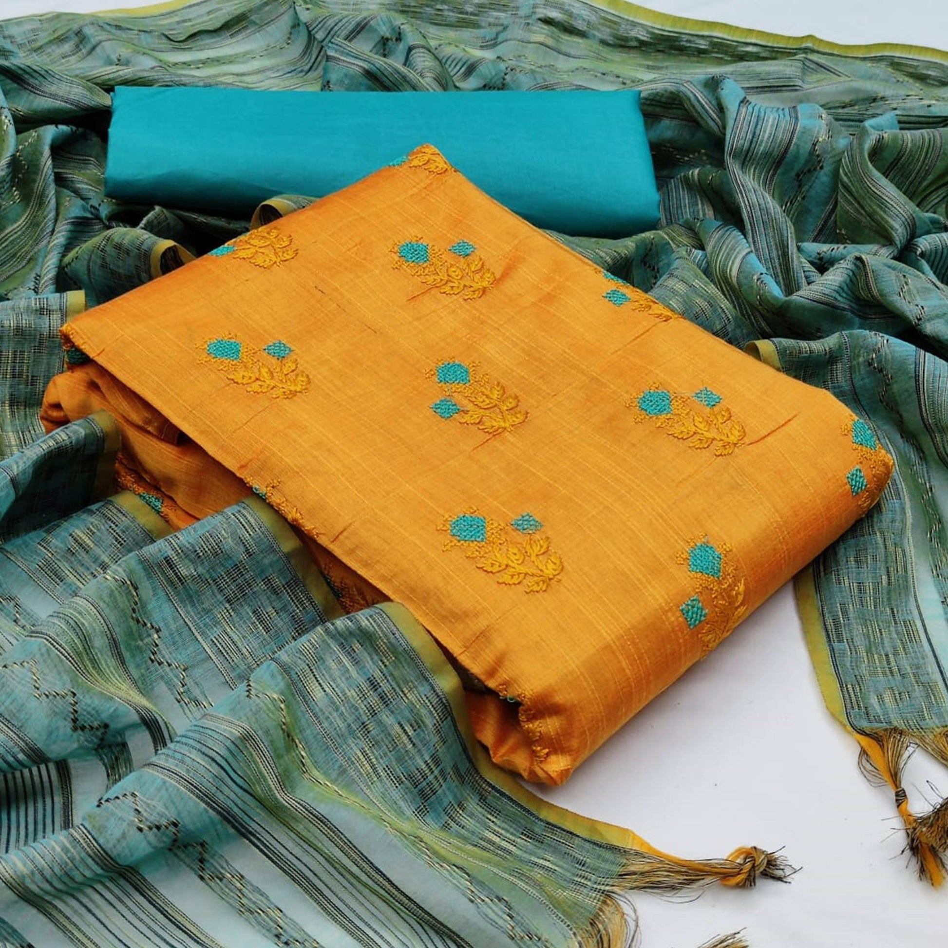 Jazzy Mustard Yellow Colored Casual Wear Embroidered Banarasi Cotton Dress Material