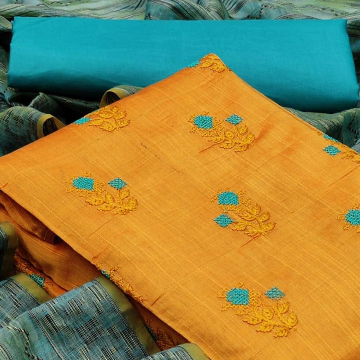 Jazzy Mustard Yellow Colored Casual Wear Embroidered Banarasi Cotton Dress Material