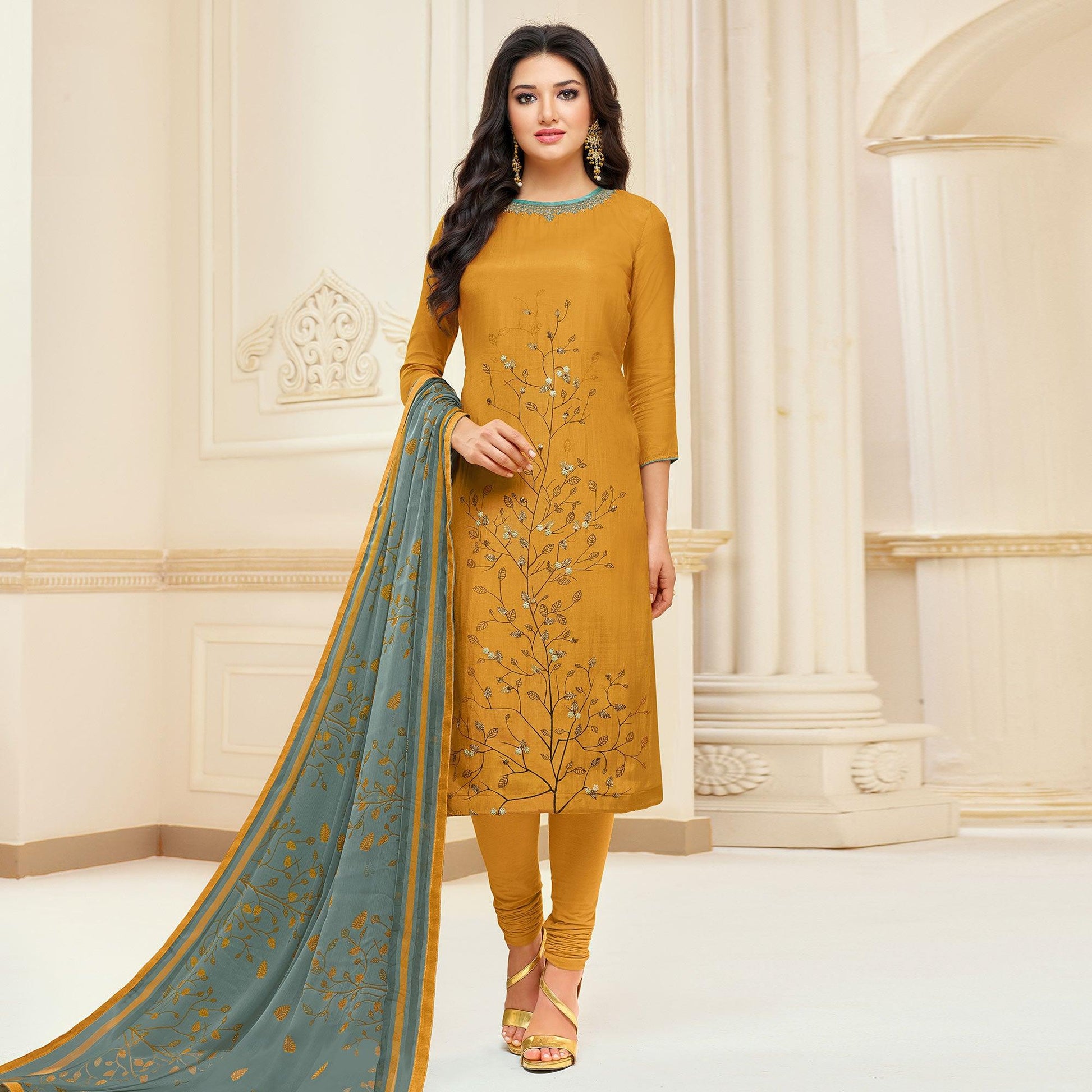 Jazzy Mustard Yellow Colored Casual Wear Embroidered Chanderi Dress Material