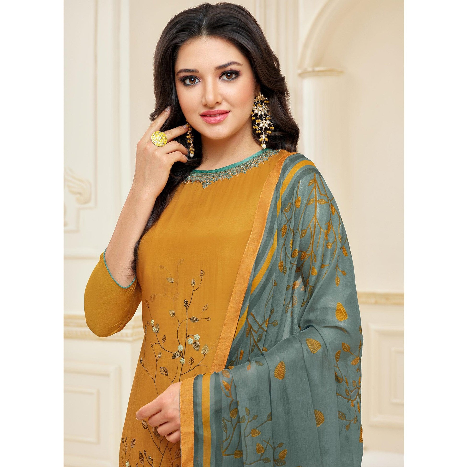 Jazzy Mustard Yellow Colored Casual Wear Embroidered Chanderi Dress Material