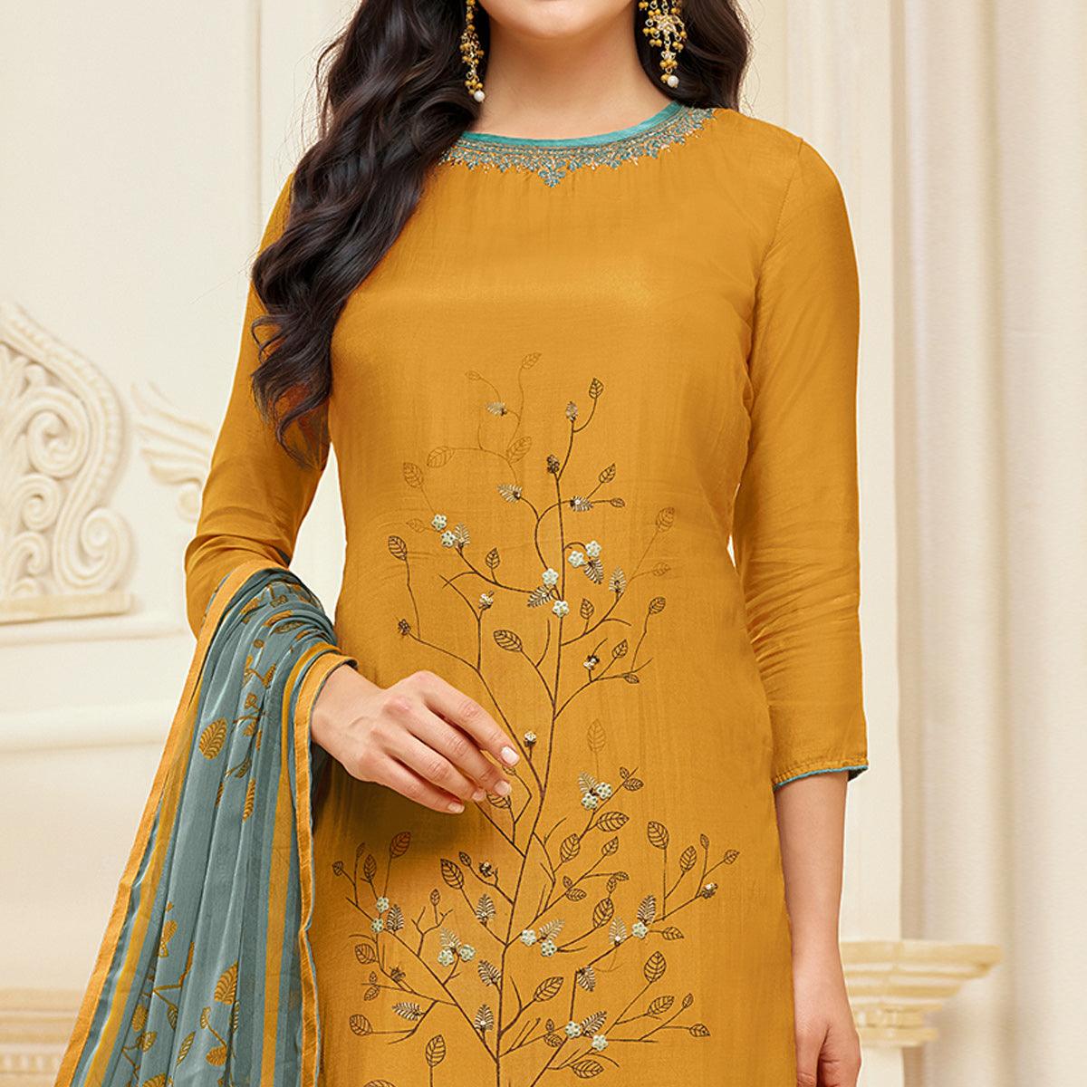Jazzy Mustard Yellow Colored Casual Wear Embroidered Chanderi Dress Material
