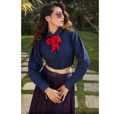 Jazzy Navy Blue Colored Casual Wear Printed Western Crop Top - Skirt Set
