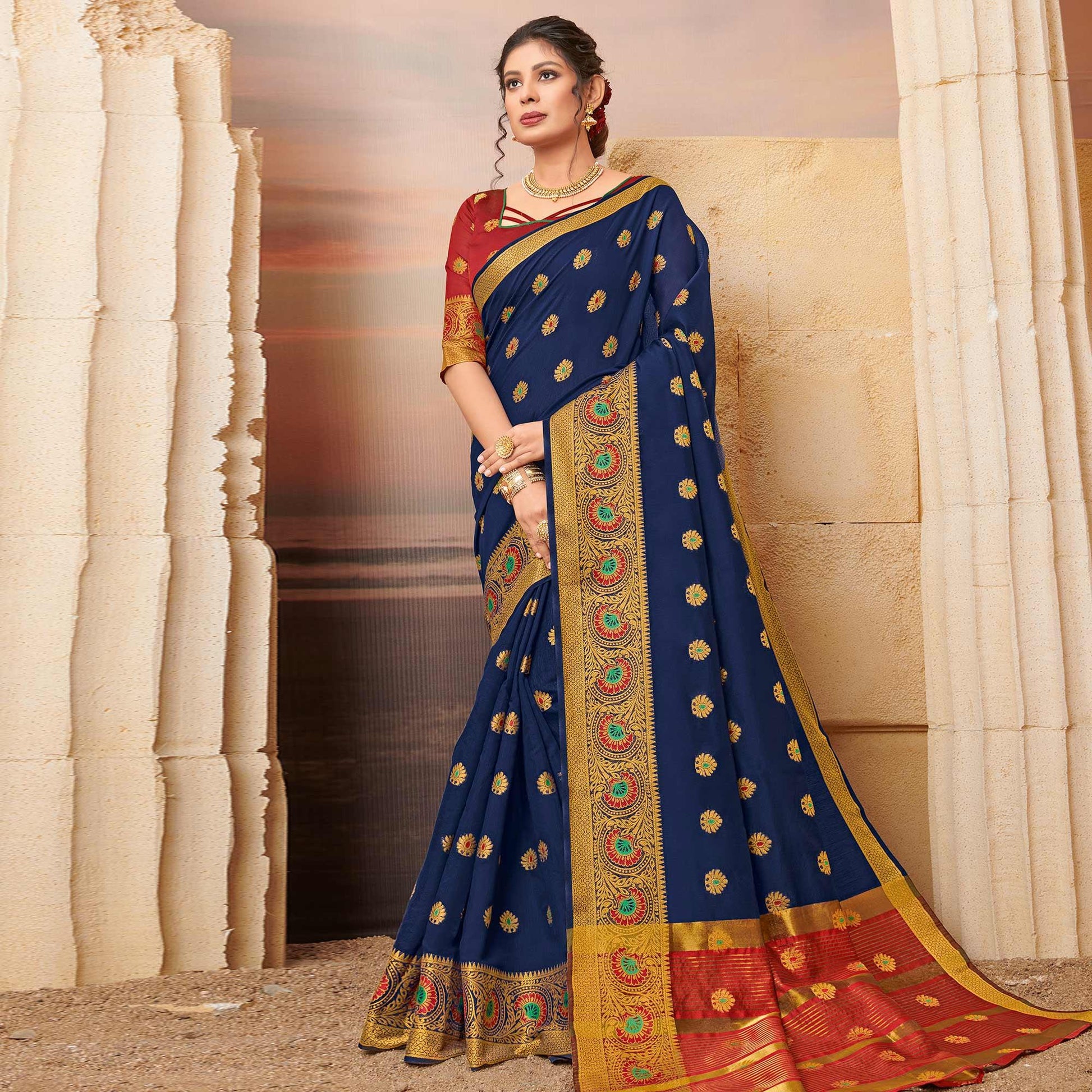 Jazzy Navy Blue Colored Festive Wear Woven Cotton Saree