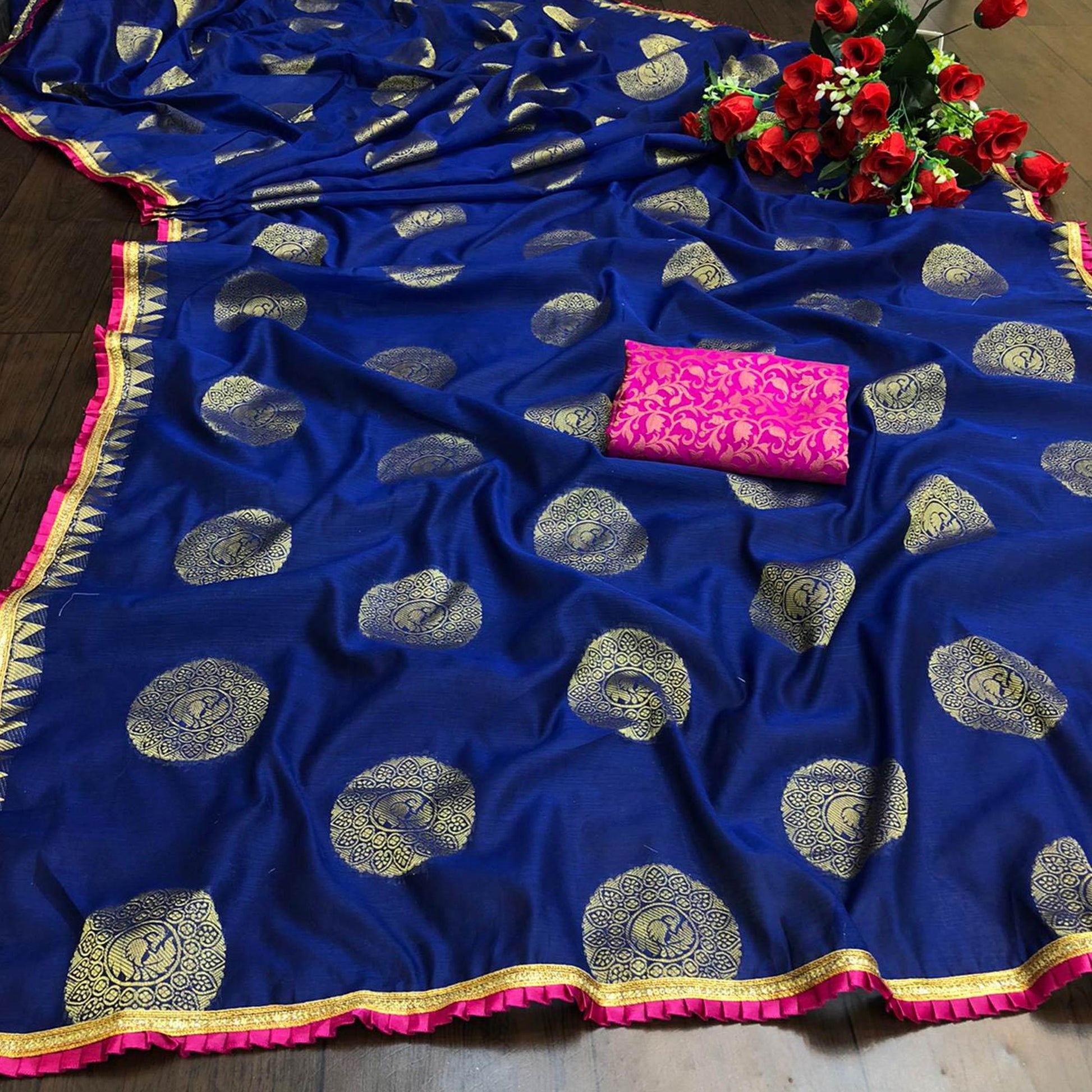 Jazzy Navy Blue Colored Festive Wear Woven Cotton Saree