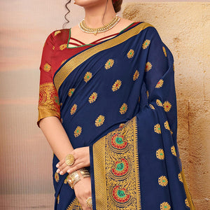 Jazzy Navy Blue Colored Festive Wear Woven Cotton Saree