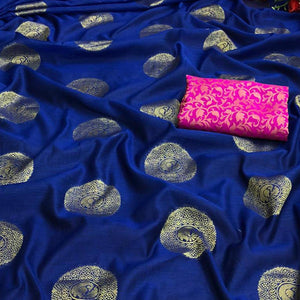 Jazzy Navy Blue Colored Festive Wear Woven Cotton Saree