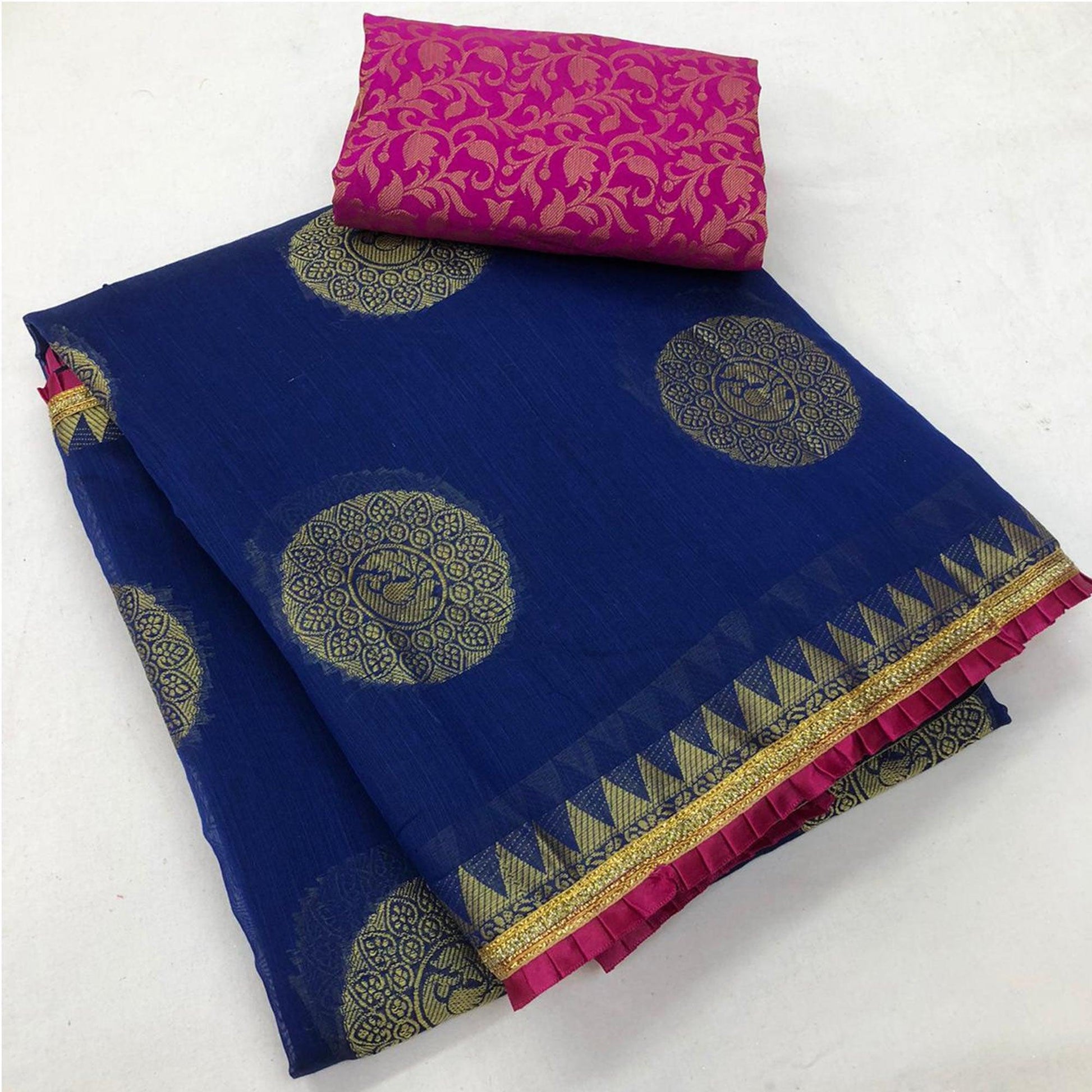 Jazzy Navy Blue Colored Festive Wear Woven Cotton Saree