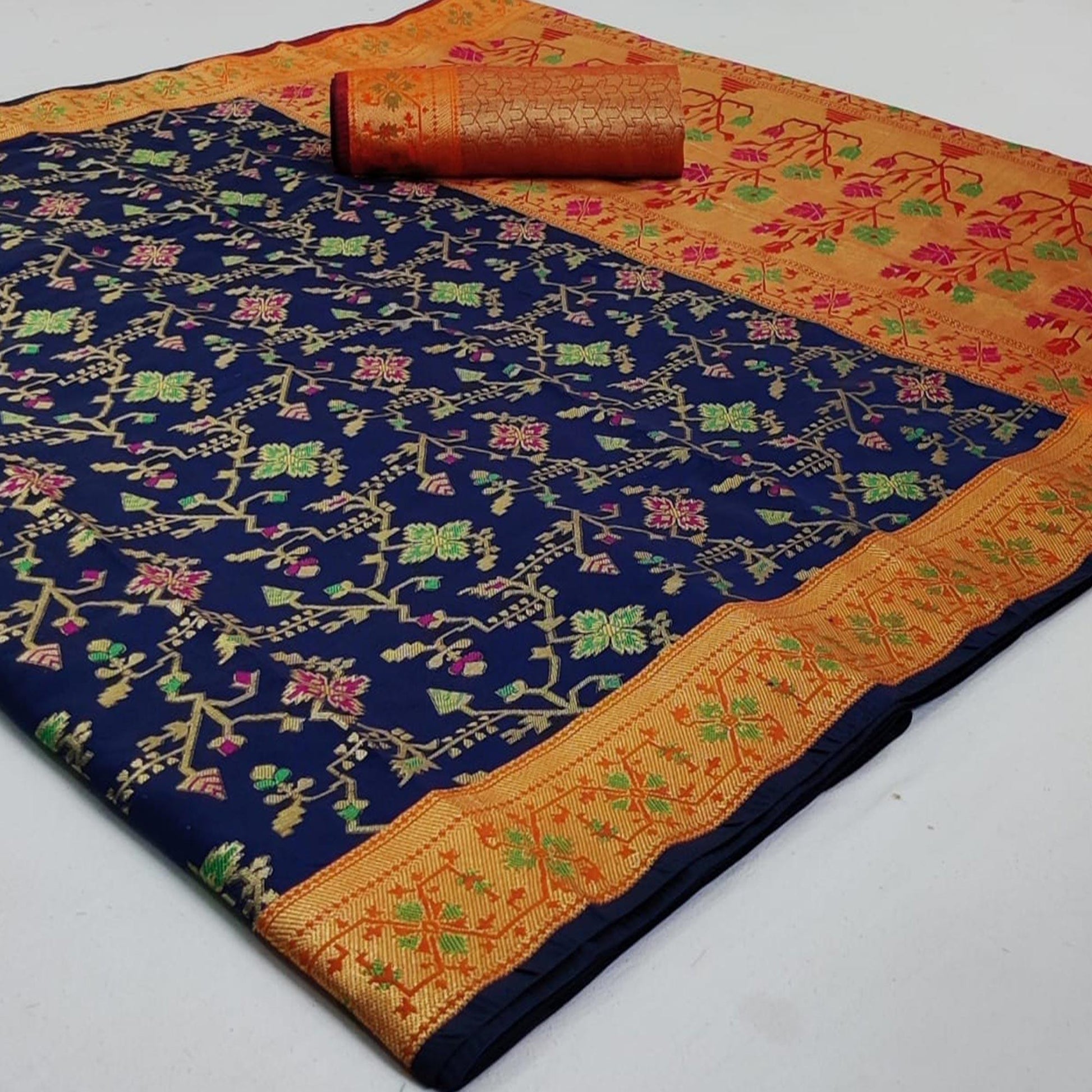 Jazzy Navy Blue Colored Festive Wear Woven Silk Saree