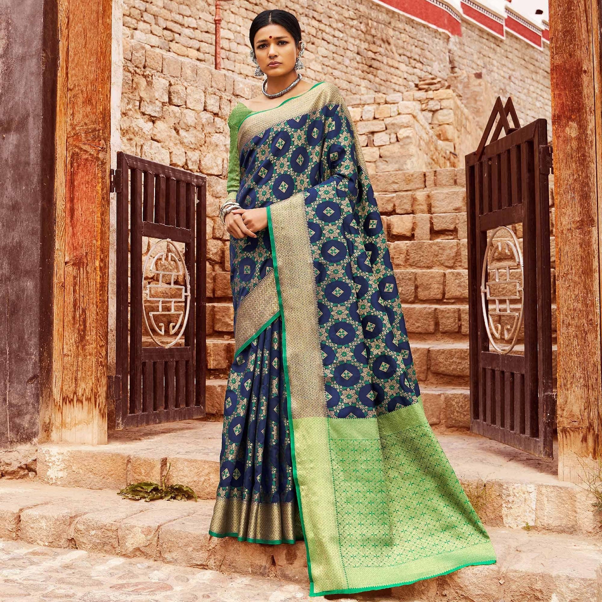 Jazzy Navy Blue Colored Festive Wear Woven Silk Saree