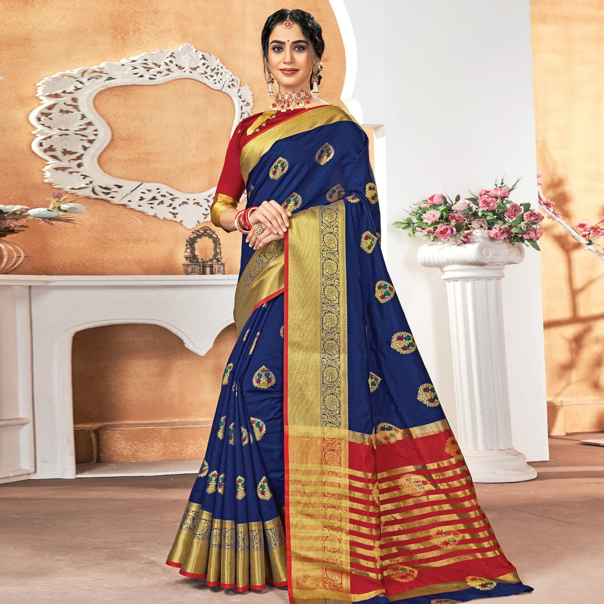 Jazzy Navy Blue Colored Festive Wear Woven Silk Saree