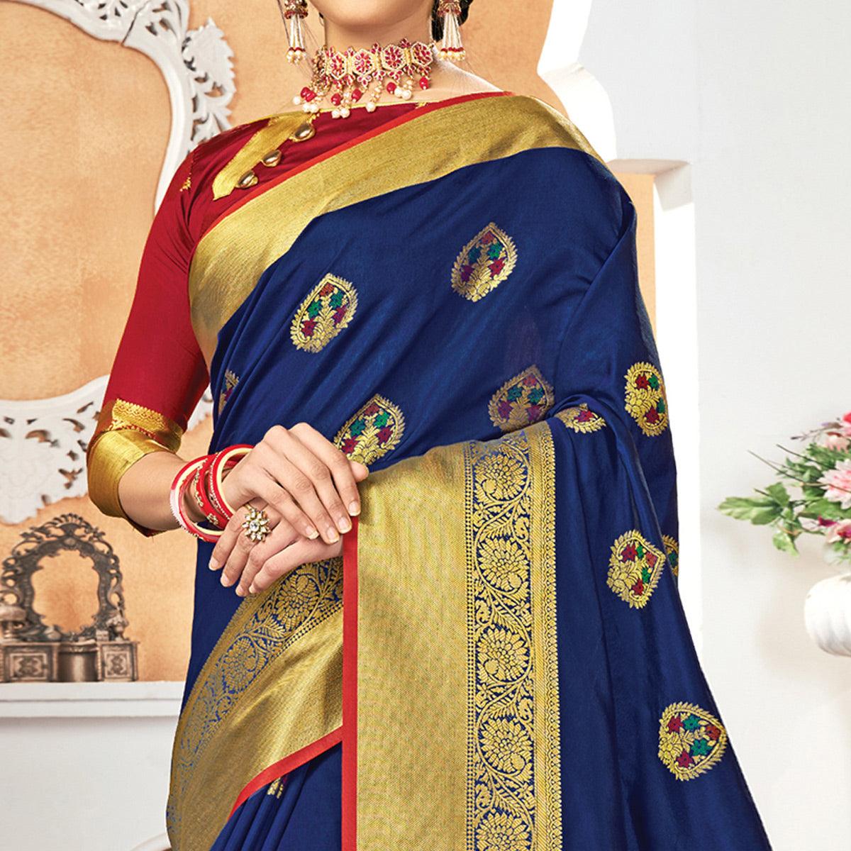 Jazzy Navy Blue Colored Festive Wear Woven Silk Saree