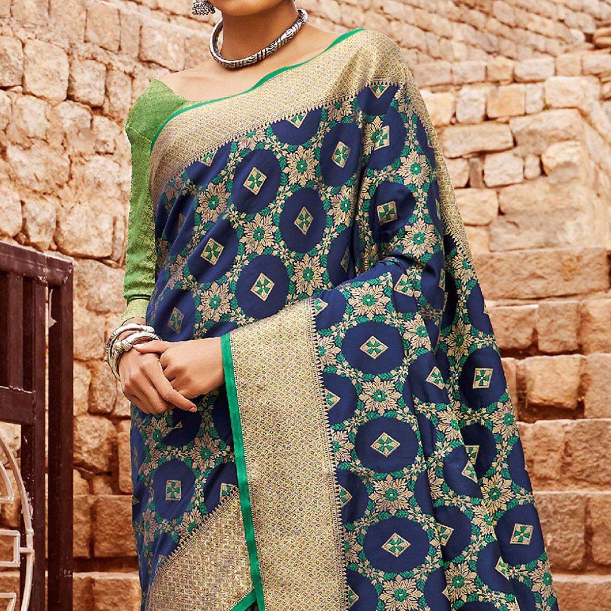 Jazzy Navy Blue Colored Festive Wear Woven Silk Saree