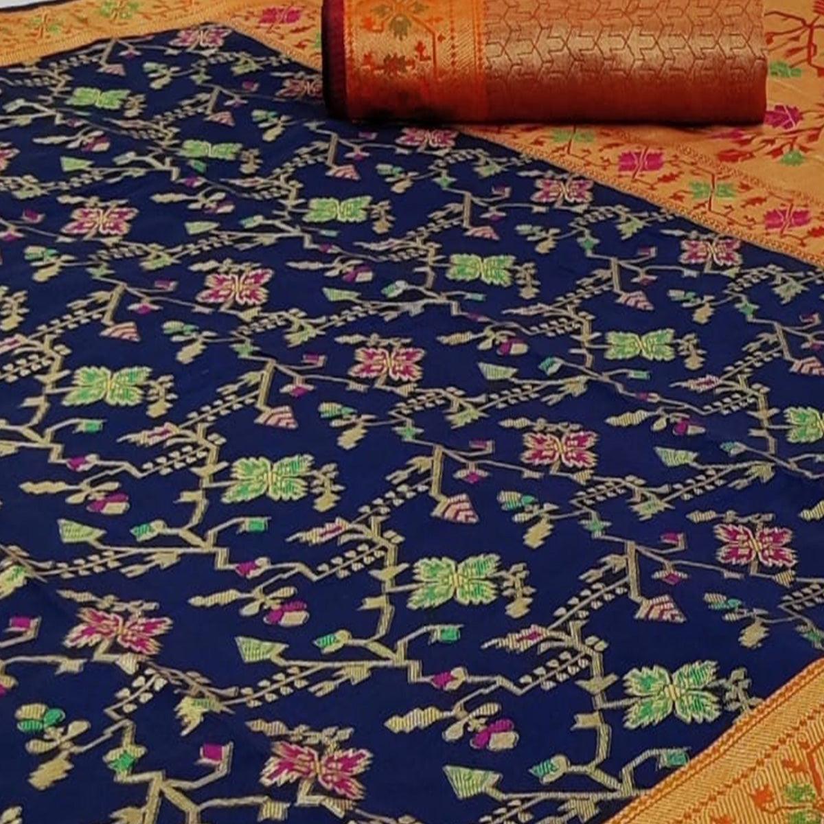 Jazzy Navy Blue Colored Festive Wear Woven Silk Saree