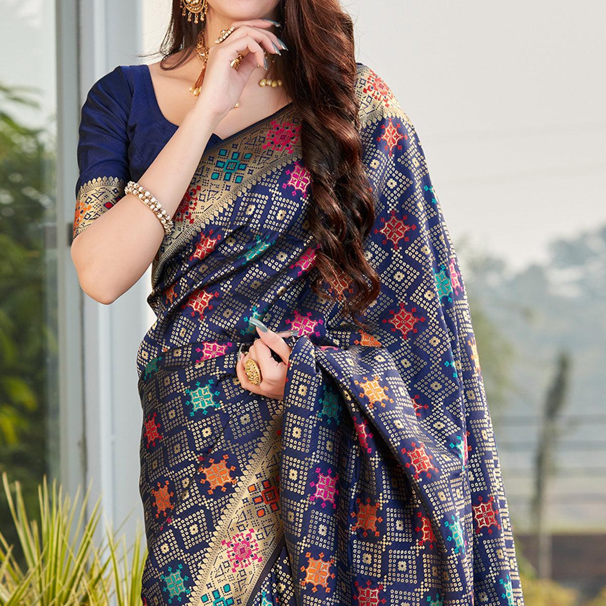 Jazzy Navy Blue Colored Festive Wear Woven Silk Saree