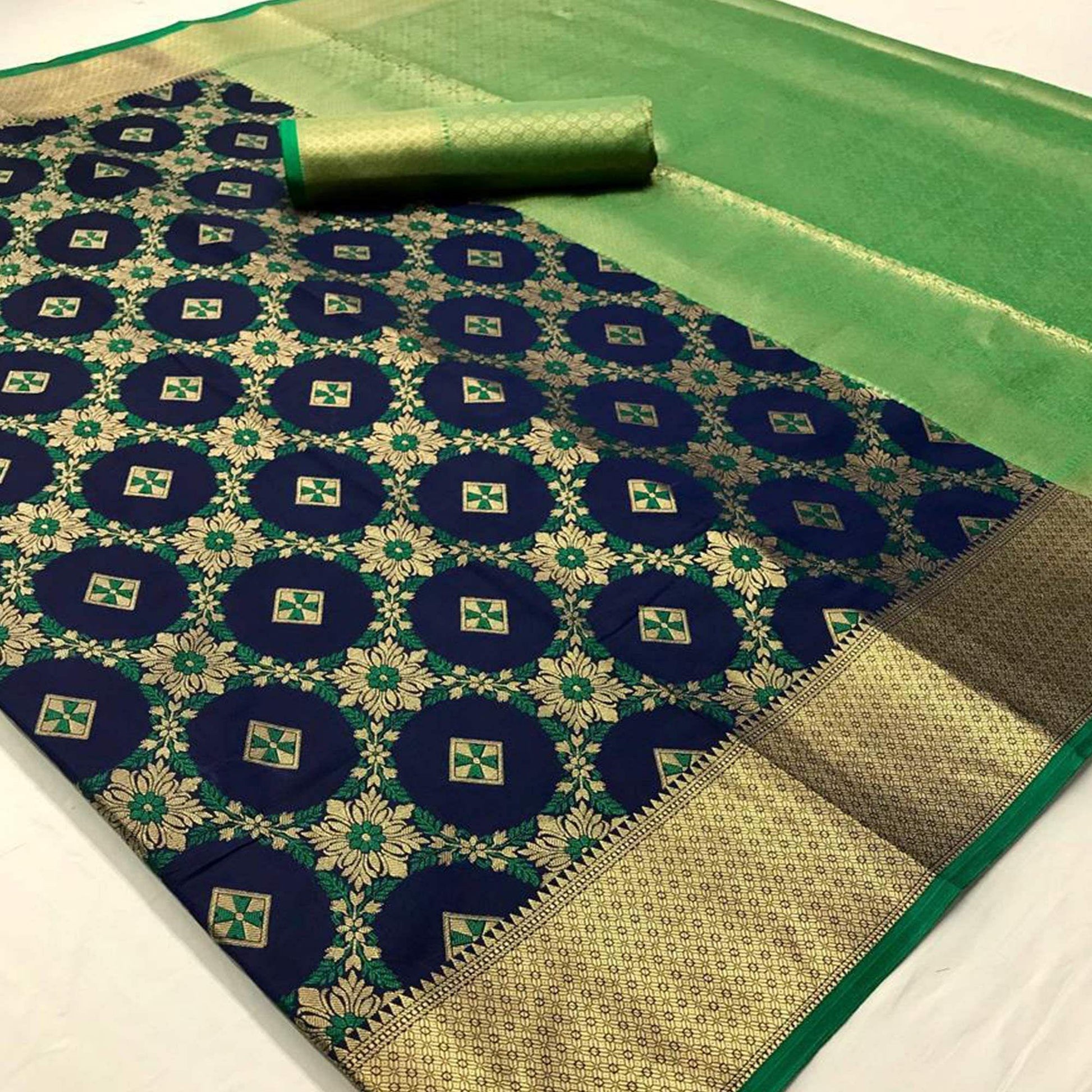 Jazzy Navy Blue Colored Festive Wear Woven Silk Saree