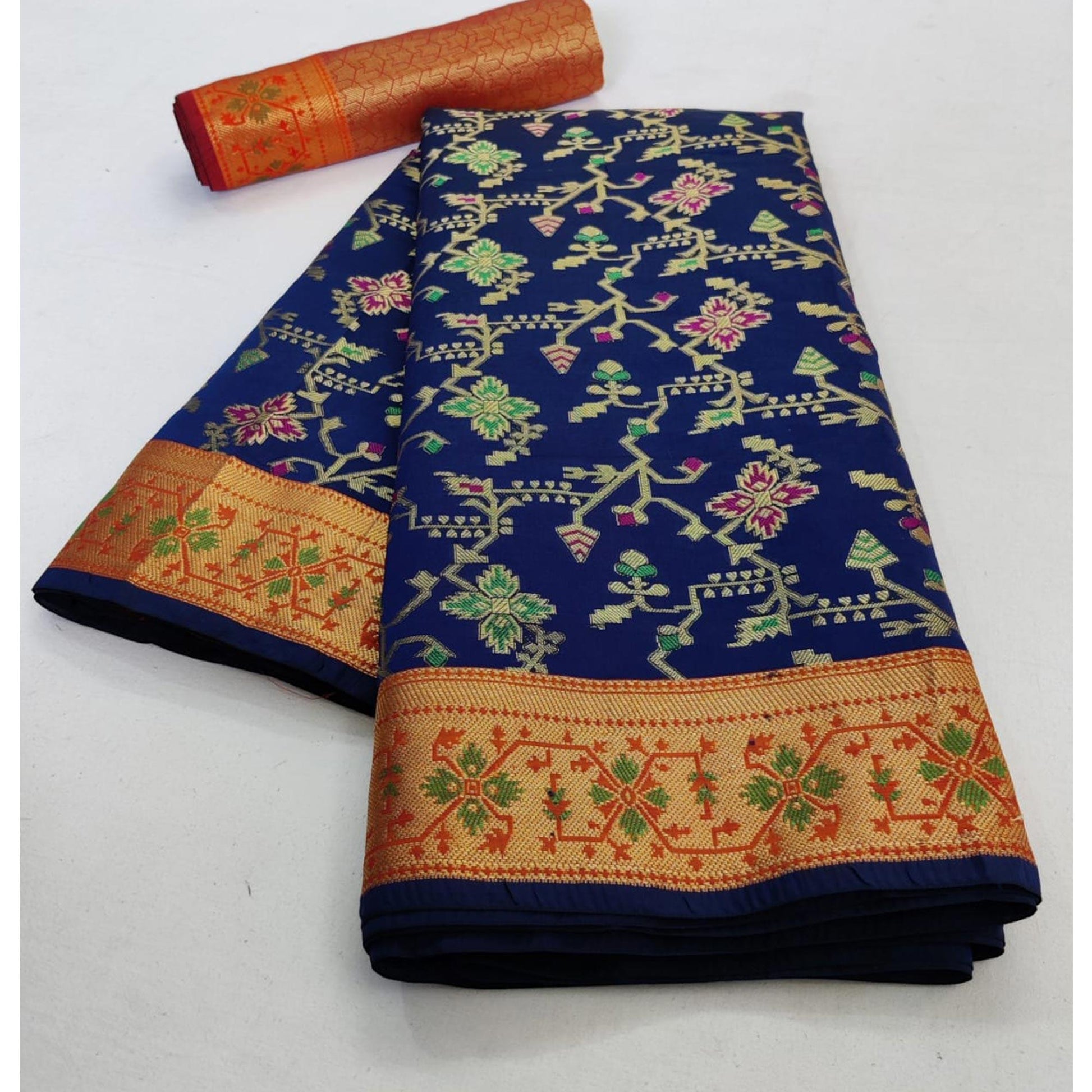 Jazzy Navy Blue Colored Festive Wear Woven Silk Saree