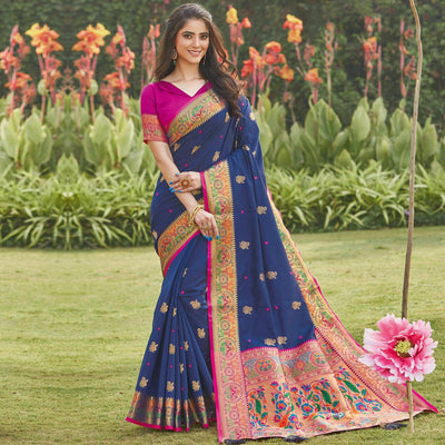 Jazzy Navy Blue Coloured Partywear Woven Silk Saree