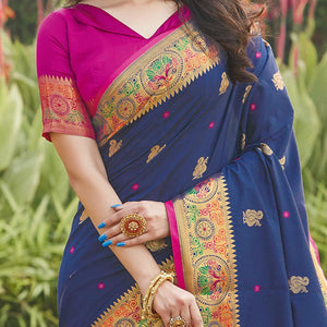 Jazzy Navy Blue Coloured Partywear Woven Silk Saree